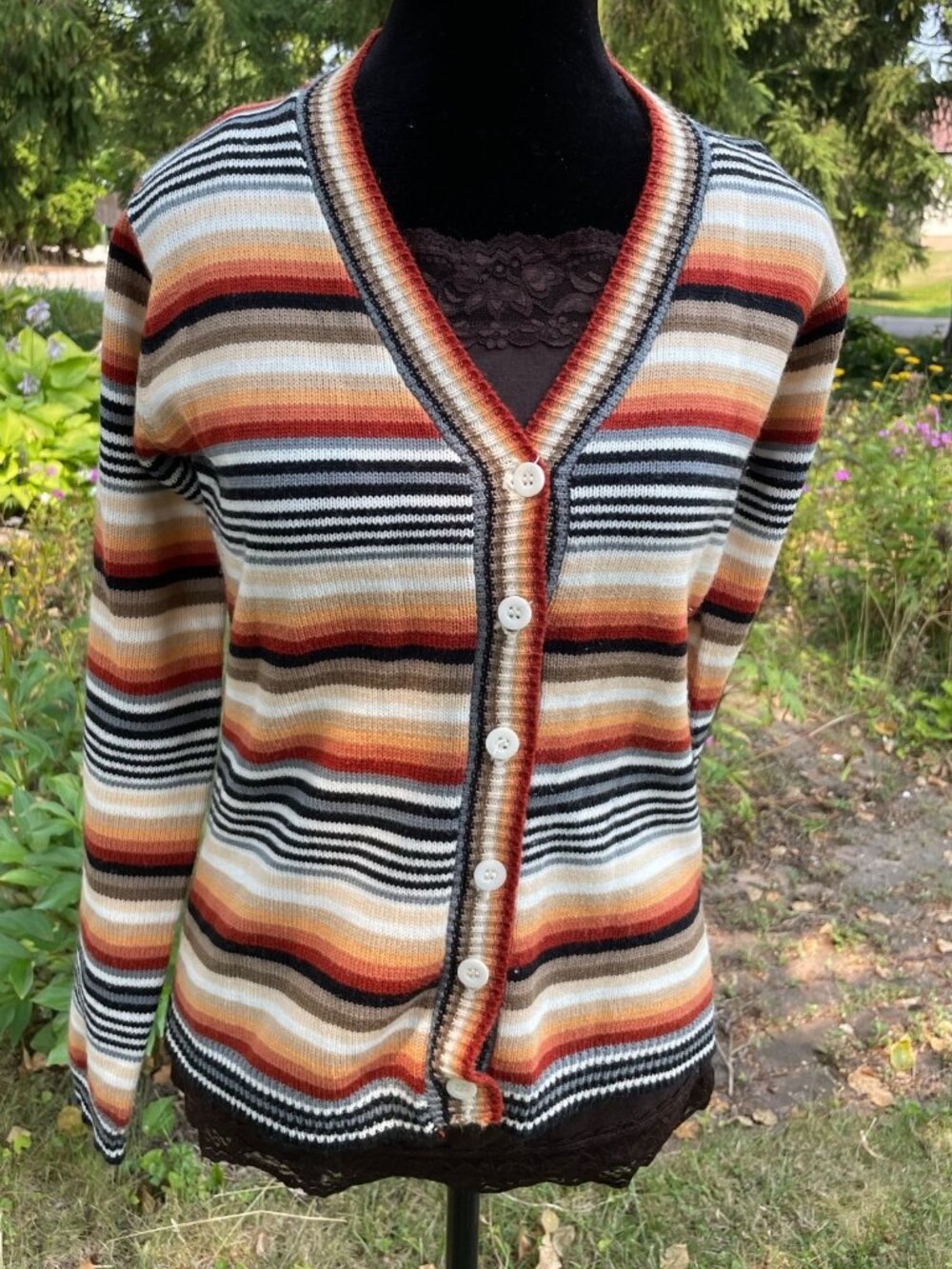Vintage 70s Cardigan Striped Colorful Womens L Art Professor Boho Librarian